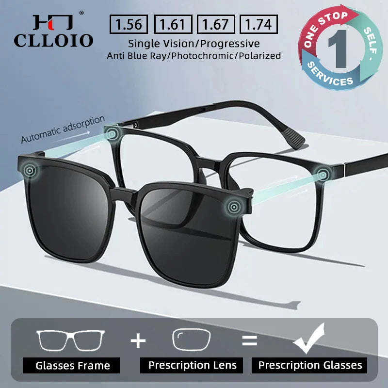 CLLOIO Magnetic Clip-On Prescription Glasses – Polarized Sunglasses Lens for Men & Women | Myopia, Progressive, Anti-Blue Light