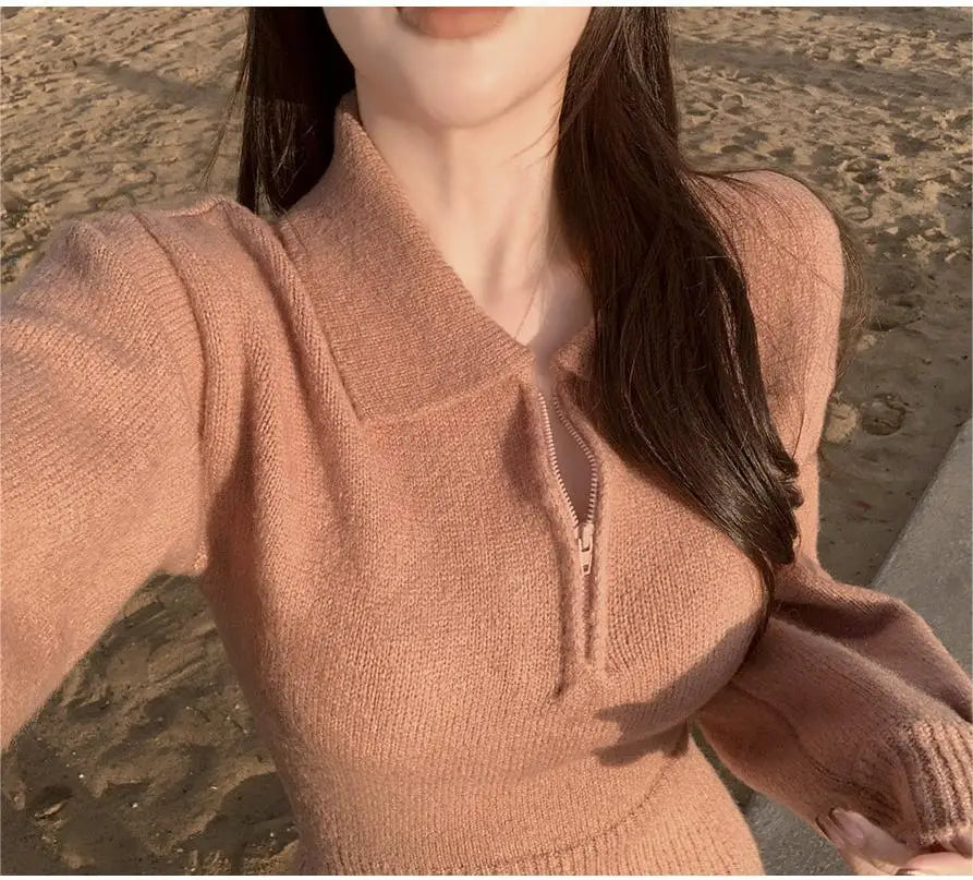 Elegant Neck Knitted Bodycon Dress for Women – Soft Autumn Winter Long Sleeve Casual Comfortable Fashion Dress