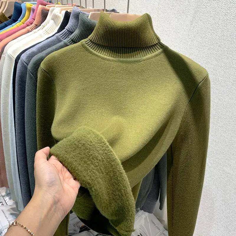 Women Winter Thicken Turtleneck Sweater – Slim Knit Plush Velvet Lined Warm Pullover Jumper