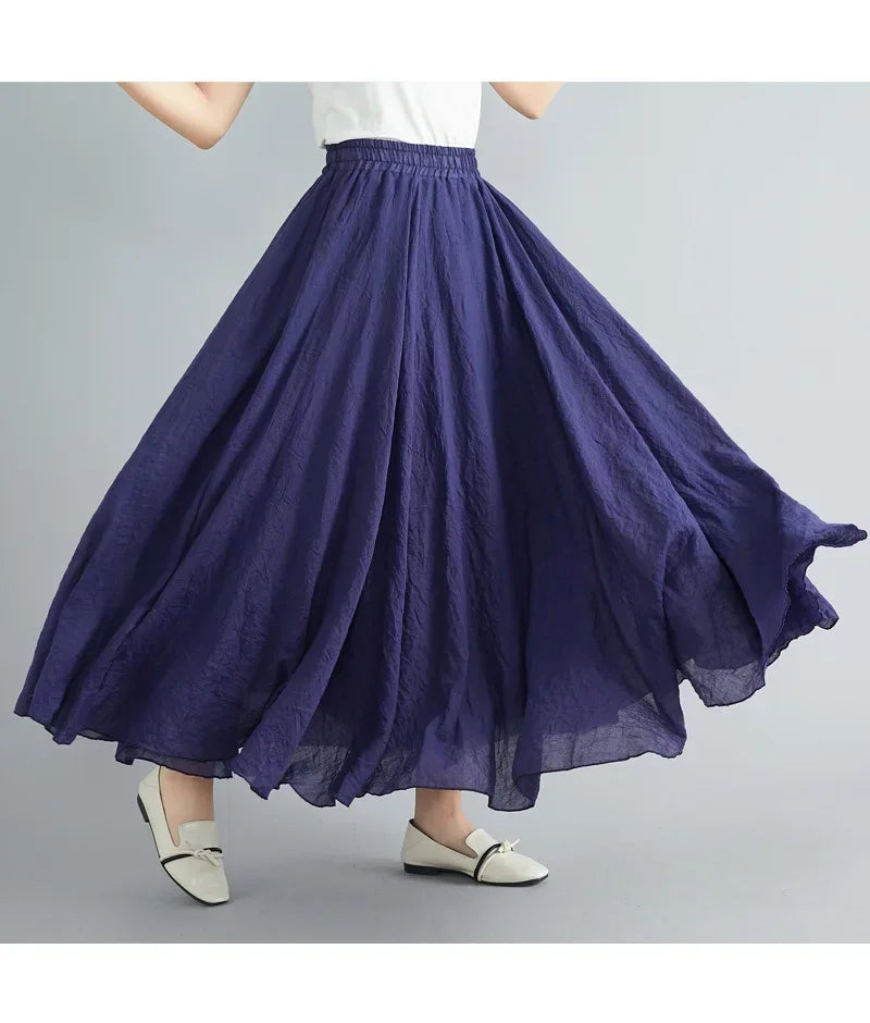 Fashion Solid Cotton Linen Women Maxi Skirt – Elegant Harajuku Casual Loose Long Skirt 👗✨