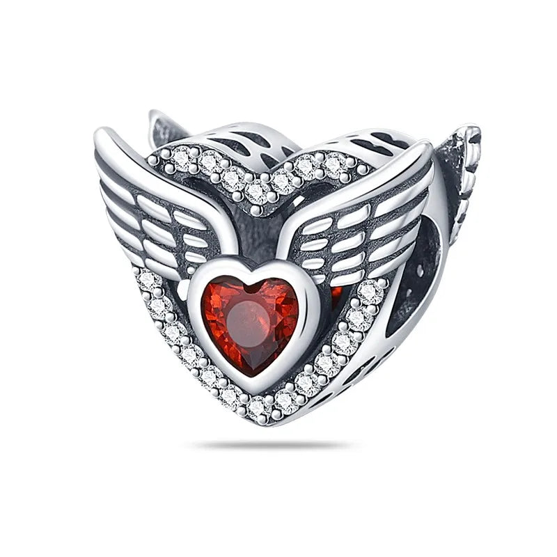 S925 Silver Angel Baby Charms | Heart Shape Wings Dangle Beads Fit Bracelet & Necklace