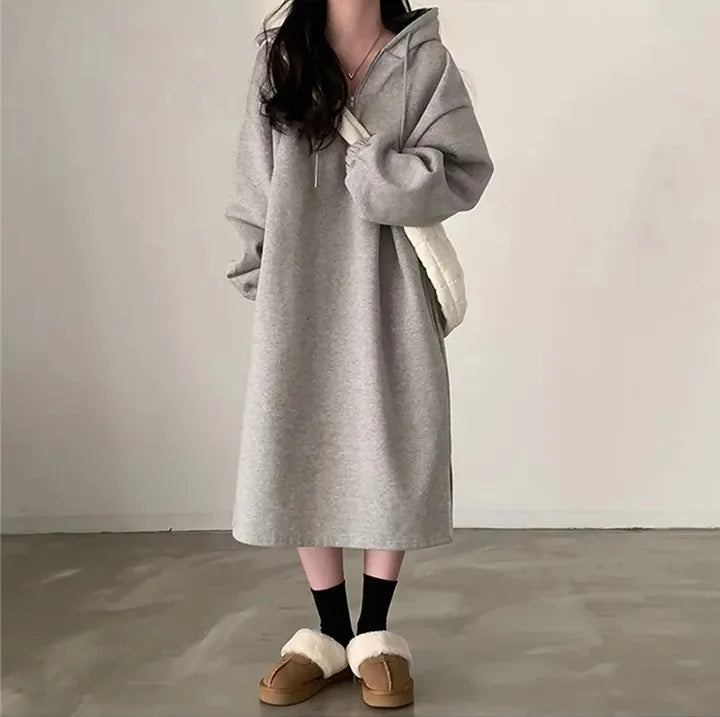 Chic Winter College Long Hoodie Dress ❄️ Lazy Fleece A-Line Side Slit Dress 👗 Pure Color Polyester Fiber 🧵