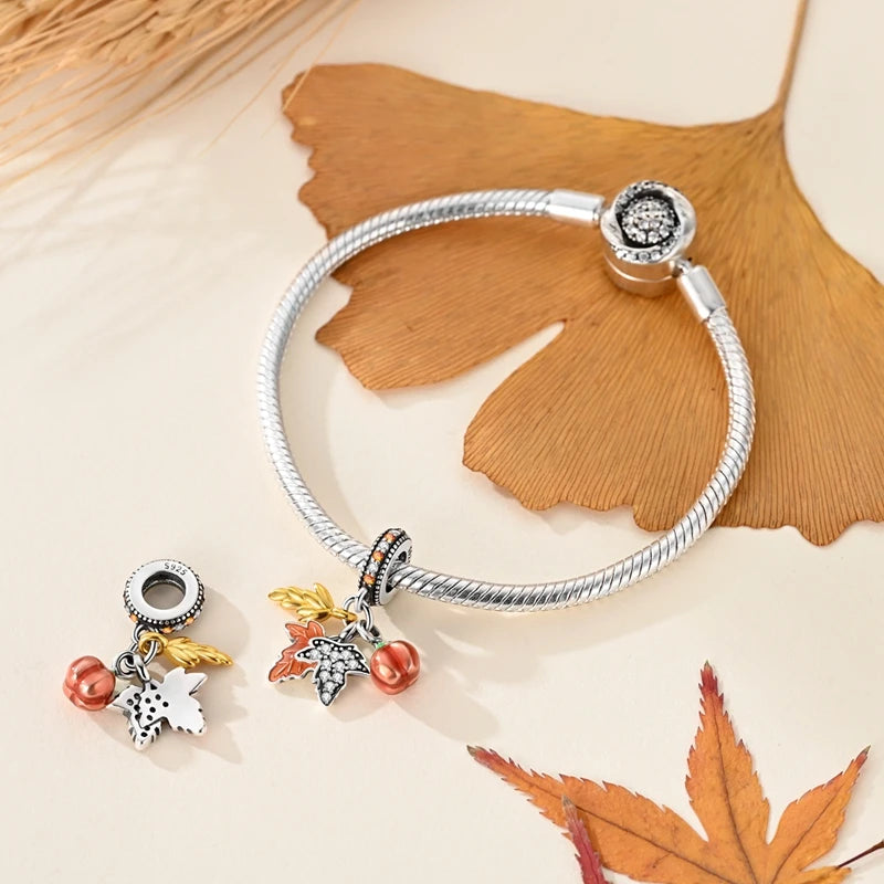 Halloween 925 Sterling Silver Charms | Pumpkin Skeleton Witch Bat Beads for Bracelet DIY Jewelry