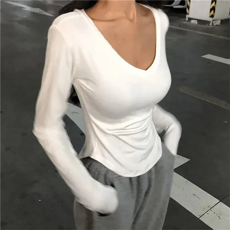 2024 Sexy V-Neck Long Sleeve T-Shirt for Women | Elastic Thin Solid Top for Spring & Autumn