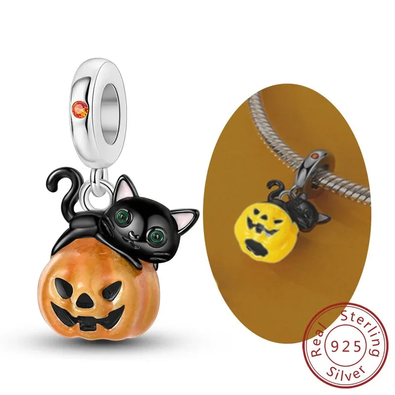 Halloween 925 Sterling Silver Luminous Pumpkin Witch Charm | Skeleton, Mummy & Candy Bead for DIY Bracelet Jewelry Gift