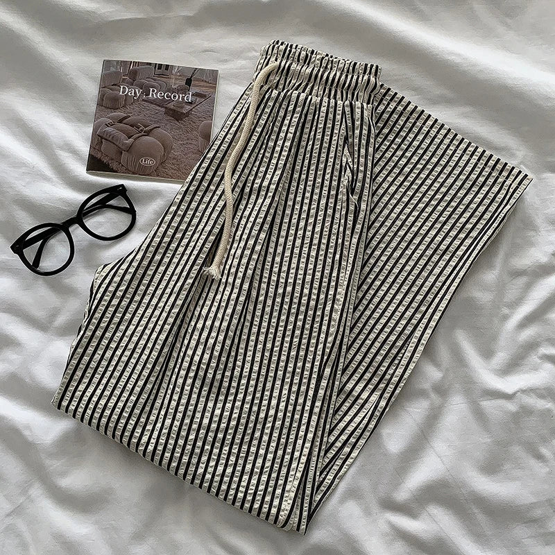 Korean Striped Drapey Casual Pants for Women | High Waist Thin Straight Trousers | Summer Versatile Long Pants