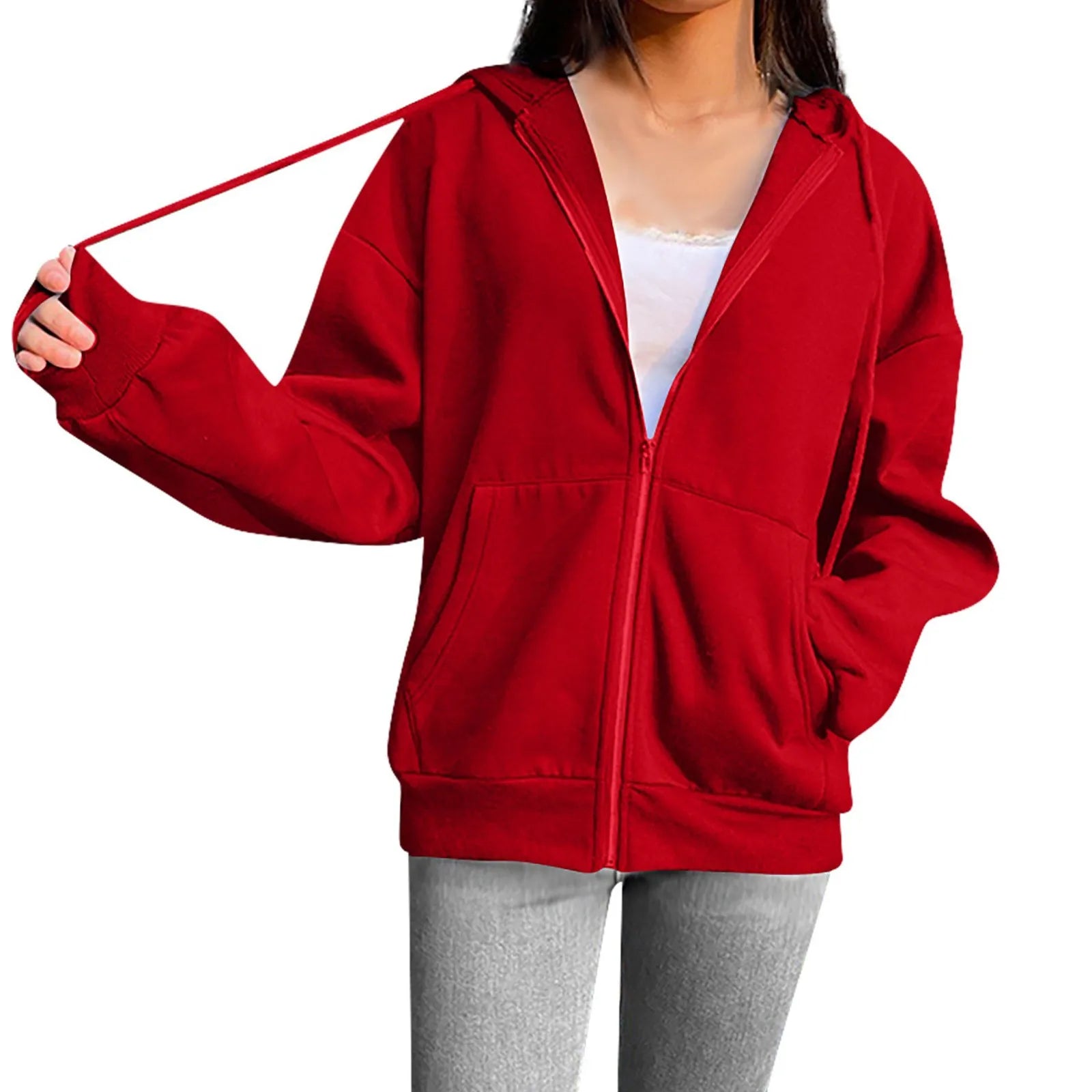Spring Autumn Women Solid Color Hooded Sweatshirt Coat | Zipper Pocket Hoodie Jacket | Casual Outerwear Femme