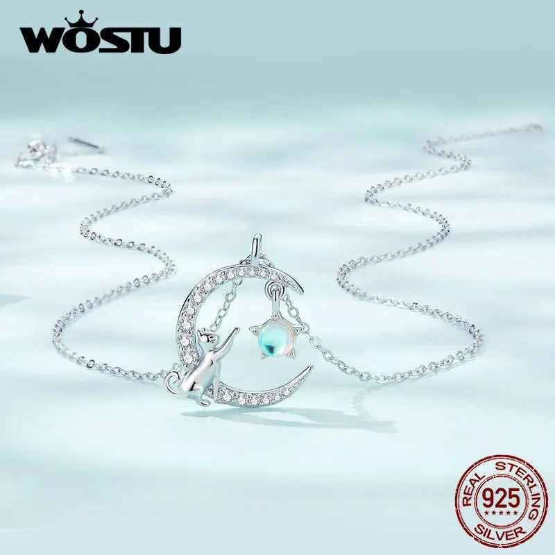 WOSTU 925 Sterling Silver Cat & Rabbit Moon Necklace | Star Zircon Pendant for Women Fine Jewelry Gift