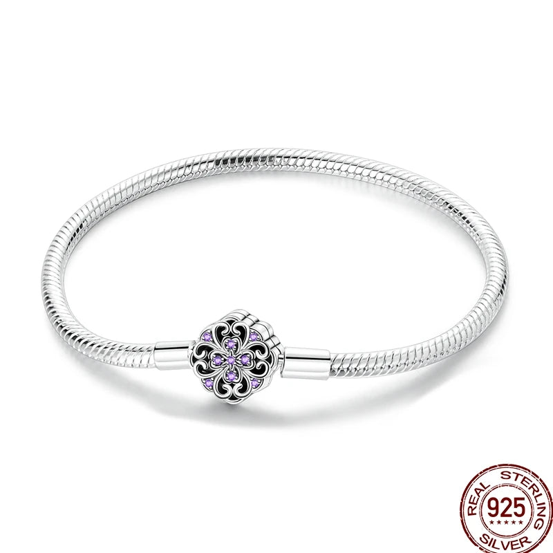 925 Sterling Silver Heart Moon Sun Clasp Charm Bracelet | 17–20CM Original Bracelet for Women | Fits Pandora DIY Beads Jewelry