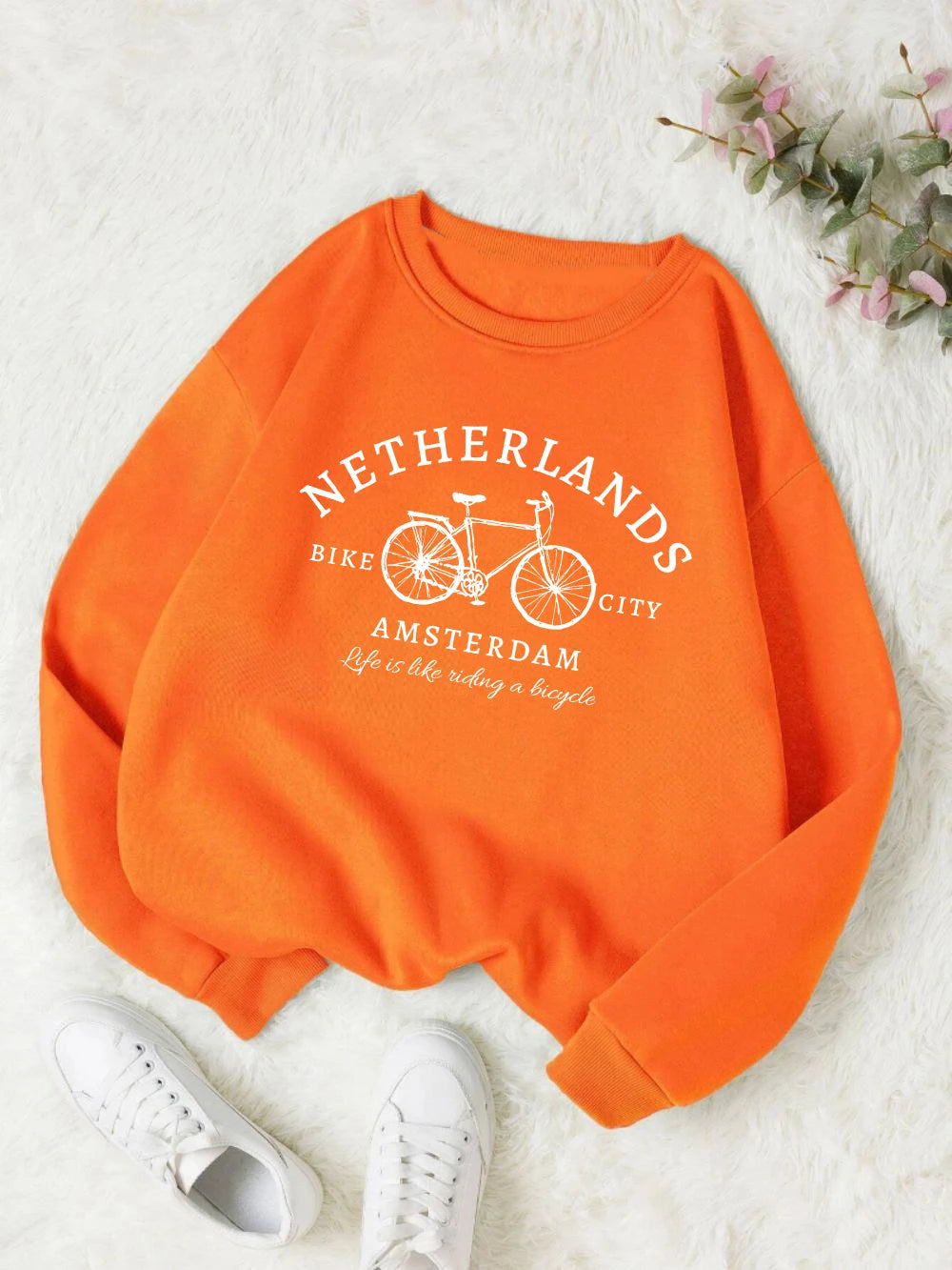 Netherlands Amsterdam Bike Design Pullover | Women’s Fleece Sweatshirt | Autumn Loose Crewneck Casual Top