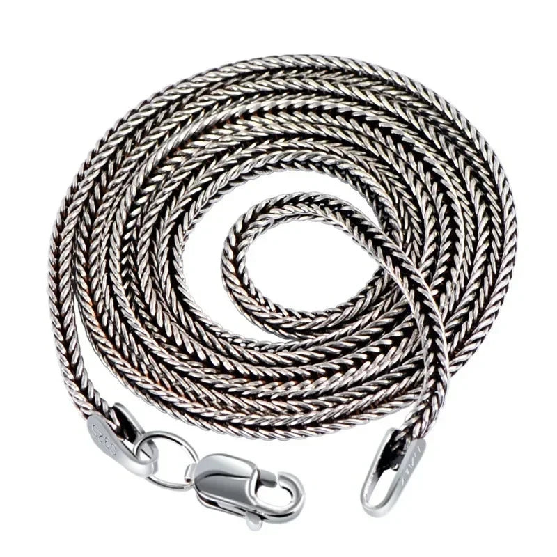 Real S925 Sterling Silver Foxtail Necklace for Men – 1.6mm Solid Snake Bone Chain Vintage Jewelry