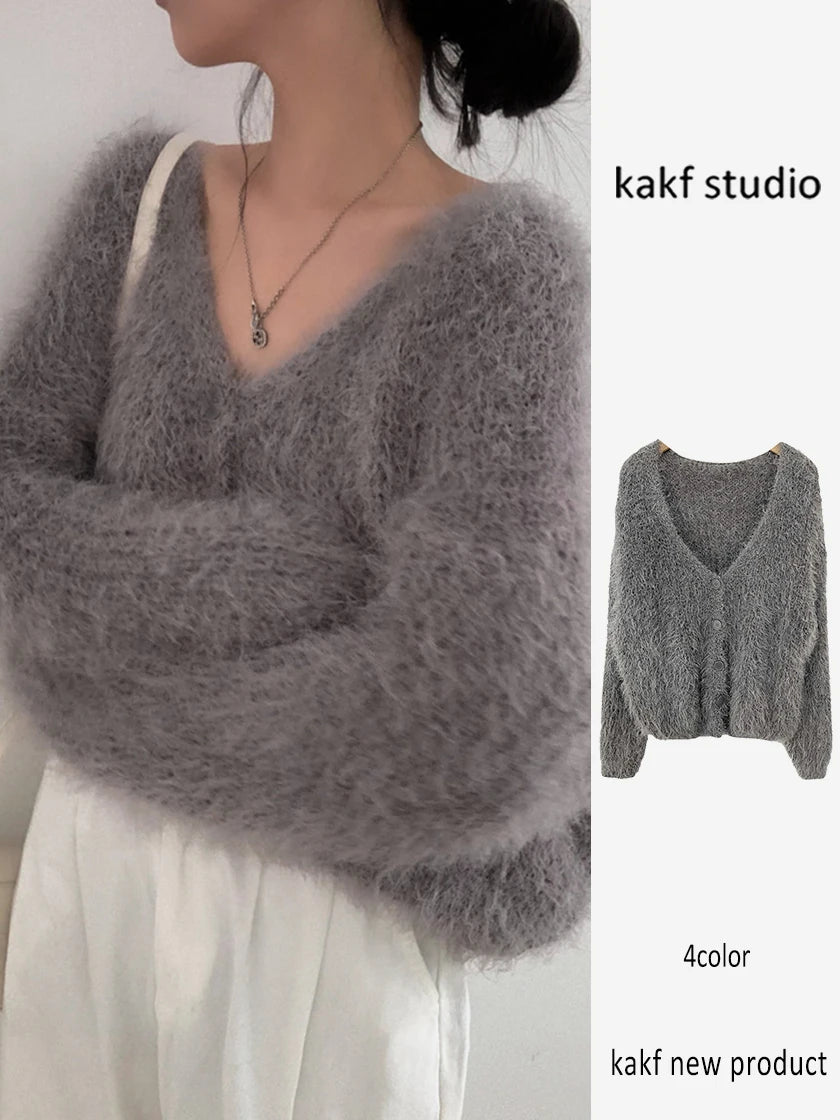 Chic V-Neck Knitted Sweater Coat for Women 🧥✨ Faux Fur Lazy Style Cardigan 💖 Autumn Winter Fashion Outerwear