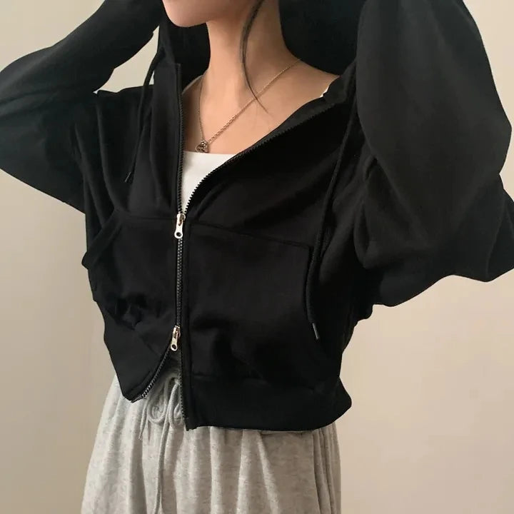 Chic Early Autumn Casual Long Sleeve Hoodie – Double Zipper Loose Versatile Cotton Pullover | Pure Color Commute Wear