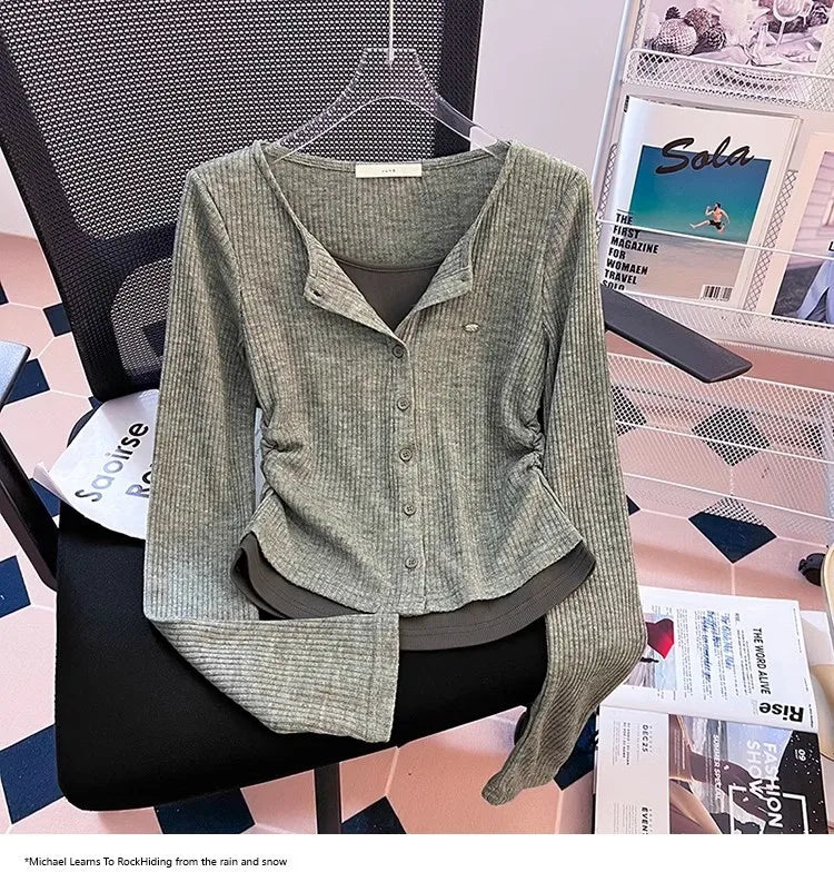Unique Design Long Sleeve Slim Fit T-Shirt – Women's Plus Size Early Autumn Base Shirt, Korean Style Knitted Top