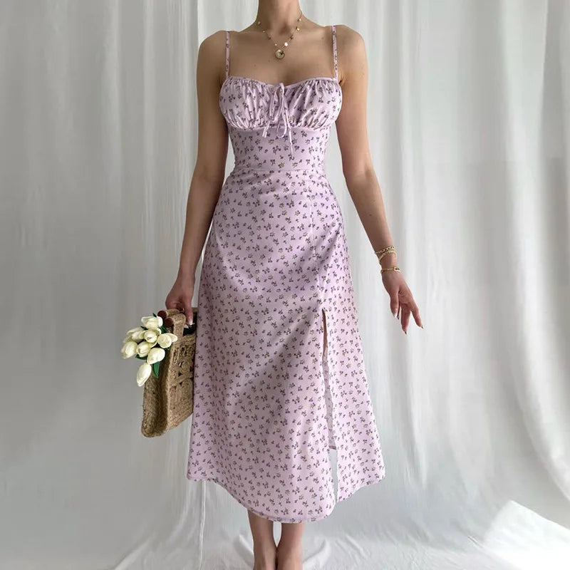 Womens Bandage Pleated Floral Dress Summer Clothes Aesthetic Clothing Elegant Party Sleeveless Backless Spaghetti Strap Dresses
