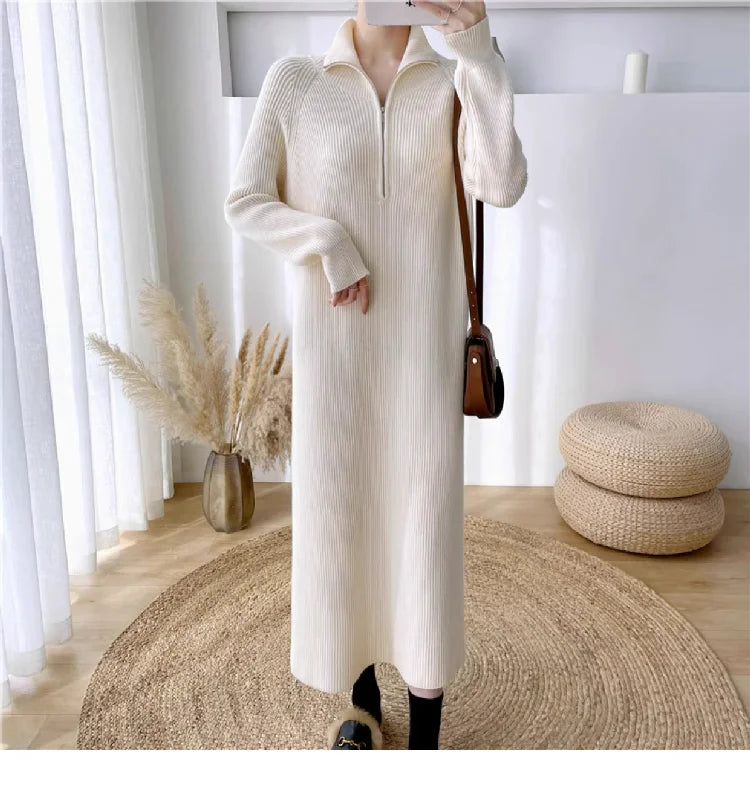 Autumn Winter High Collar Knitted Dress for Women – Loose Fit Long Sleeve Straight Tube Casual Warm Outfit