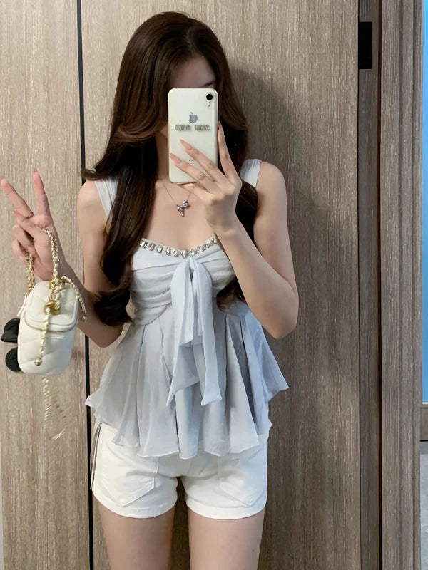 Pure Desire Knot Strap Diamond Vest – Women’s Summer Outdoor Waist Cinching Sleeveless Top Blue