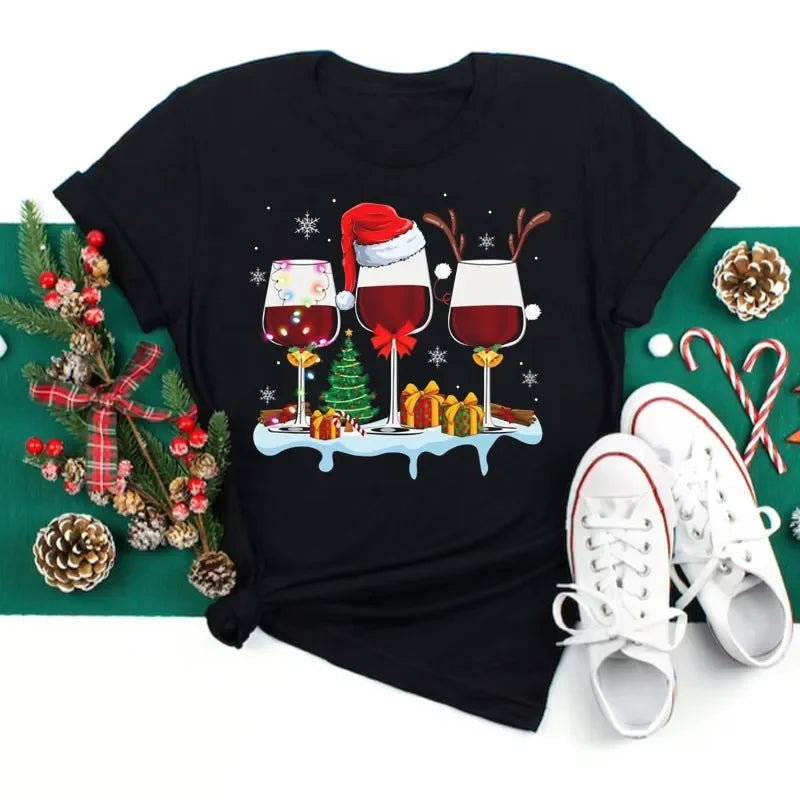 Women’s Christmas Wine Glass T-Shirt | Funny Holiday Black Tee Xmas Gift Top 2025