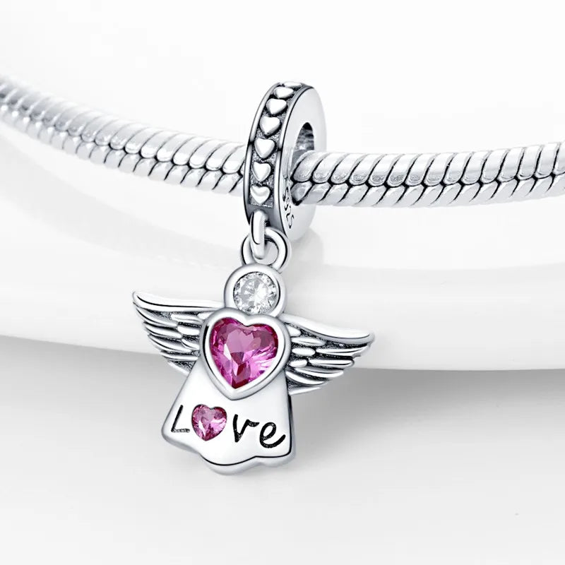 S925 Silver Angel Baby Charms | Heart Shape Wings Dangle Beads Fit Bracelet & Necklace