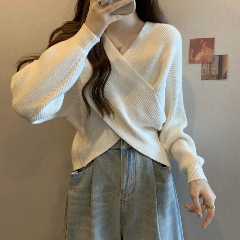 2025 New Korean Style Casual Slim Fit Knitted Top – Cross Neck Lazy Sleeve Design Sensation
