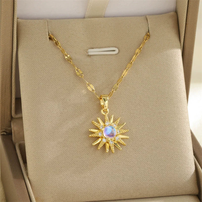 Sun Necklace for Women – Gold Plated Opal Sun Pendant Rapunzel Choker Wedding Party Jewelry Gift