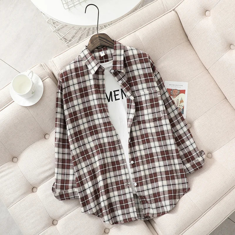 Women’s Plaid Shirt | Spring Autumn Long Sleeve Blouse | Casual Cotton Checkered Top
