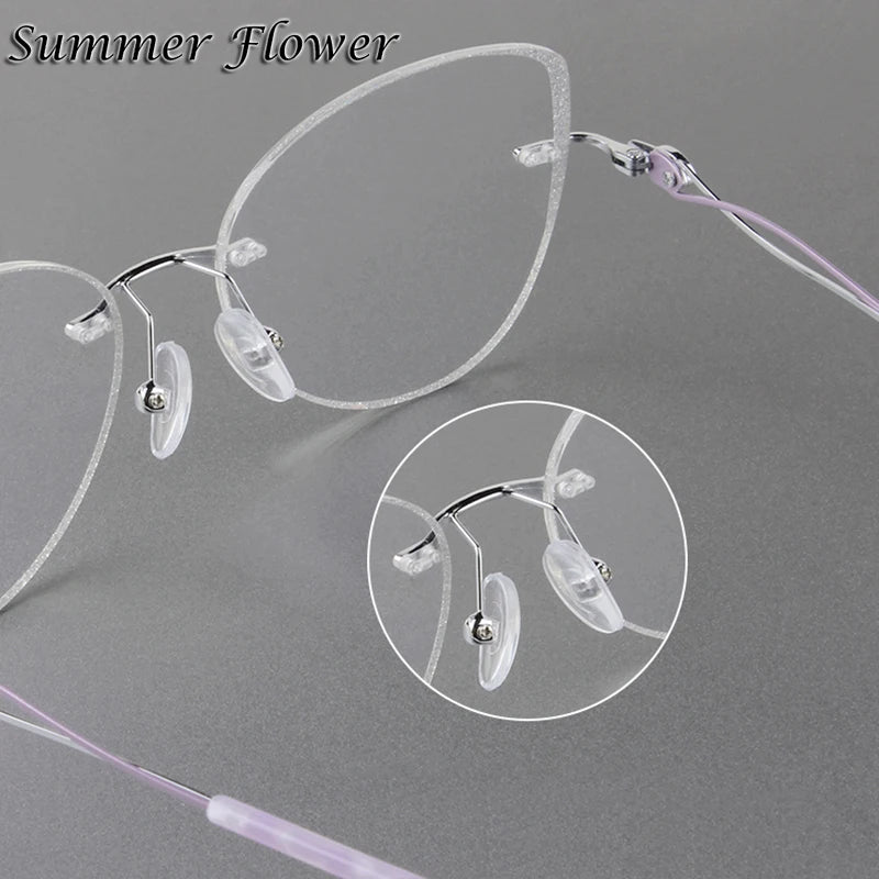 Women Rimless Titanium Cat Eye Glasses – Elegant Lightweight Butterfly Design Prescription Eyewear