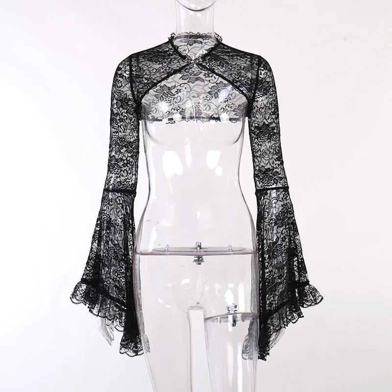 Dark Black Goth Top | Women’s Vintage Flared Sleeve Gothic T-Shirt Y2K Party Wear