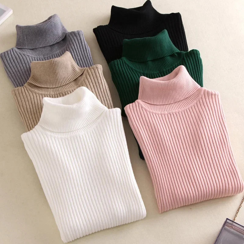 Women’s Knitted Turtleneck Sweater | Autumn Winter Slim Fit Ribbed Polo-Neck Jumper Pullover