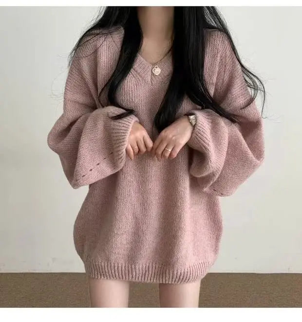 Soft Cozy Knitwear Women’s Loose Sleeve Sweater – Autumn Winter New Fashion V-Neck Long Sleeve Korean Commute Outerwear