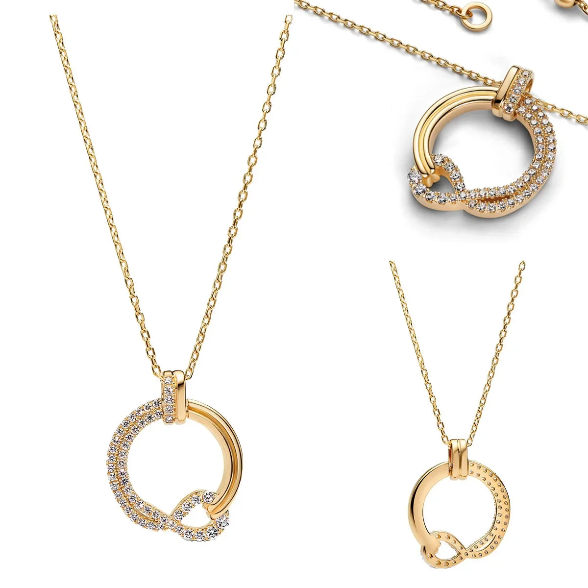 925 Sterling Silver Golden Round Necklace & Bow Earrings Set | Stars, Moon & Heart Charms Beads Women Jewelry Gift