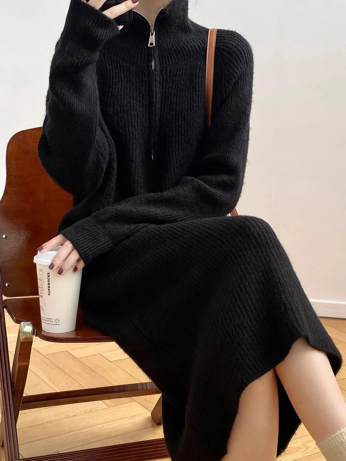 Thickened Long Sleeve Knitted Dress with Zipper Collar – Straight Tube Korean Style Winter Women’s Commute Warm Dress