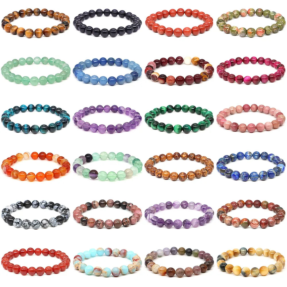 Natural Stone Healing Crystal Bracelet | Amethyst, Quartz & Agate Round Beads Elastic Stretch Bangle for Women & Men