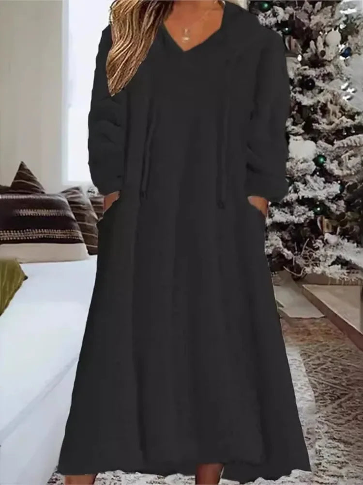 Autumn Winter Plush Hooded Maxi Dress for Women – Warm Casual Home Wear Loose Long Sleeve Comfort Dress | Robe Femme