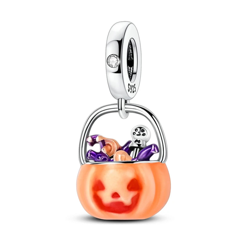 925 Sterling Silver Halloween Series Charms | Pumpkin, Witch, Skull & Candy Beads Fit Original Bracelet DIY Jewelry
