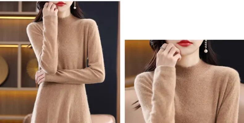 Women’s Mid-Length Knitted Wool Dress – High Collar Long Sleeve Casual Autumn Commute Dress for Ladies