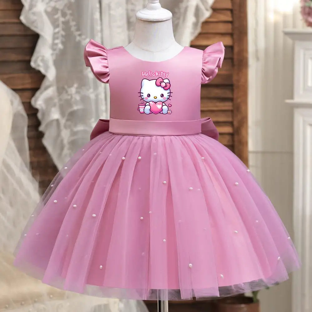 Hello Kitty Girls Pearls Dress – Elegant Princess Wedding Gown, Tulle Birthday Party Dress for Children 3-7Y