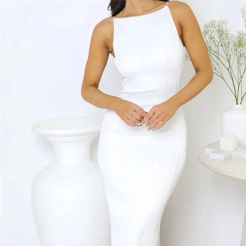 Sexy Women’s Ruched Sleeveless Long Dress – Slim Solid Summer Party Back Split Clubwear Vestido Female