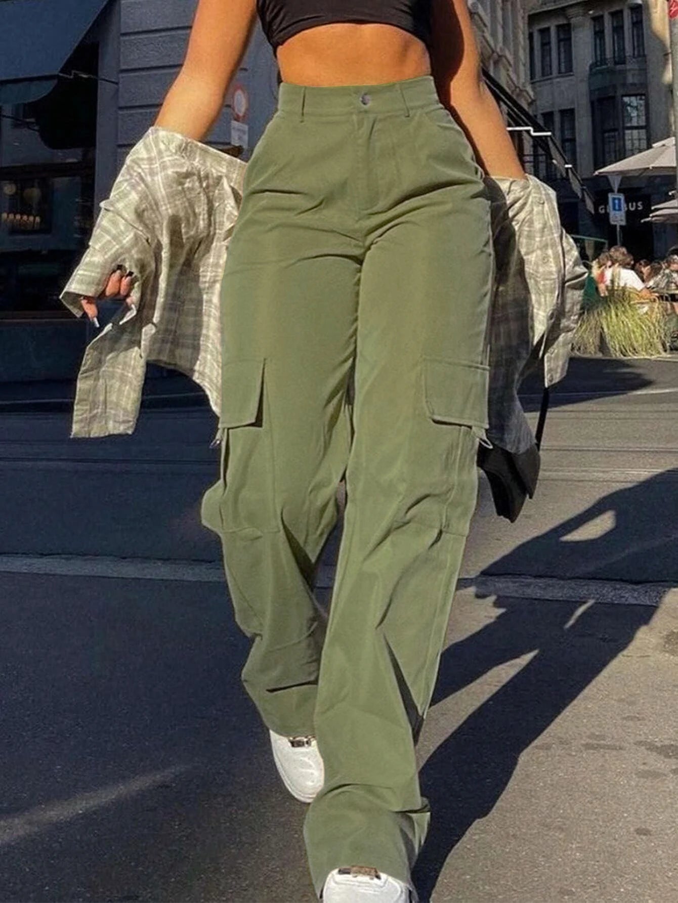 Women’s Plain High Waist Cargo Pants | Street Fashion Pocket Trousers | Casual All Season Bottoms