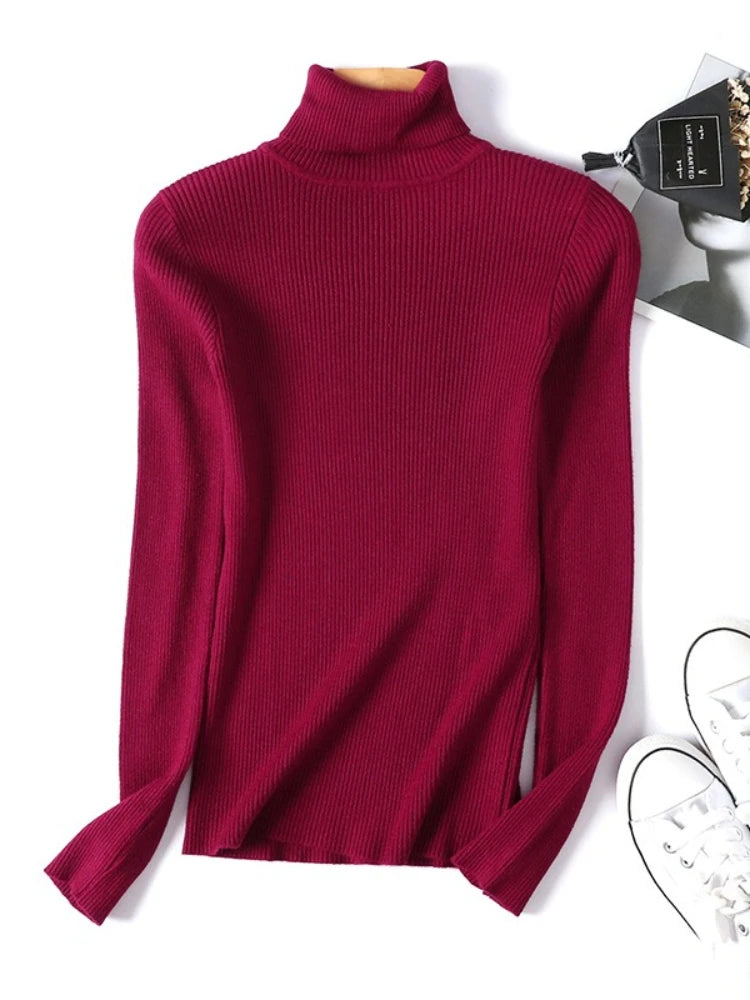 Women’s Knitted Turtleneck Sweater | Autumn Winter Slim Fit Ribbed Polo-Neck Jumper Pullover