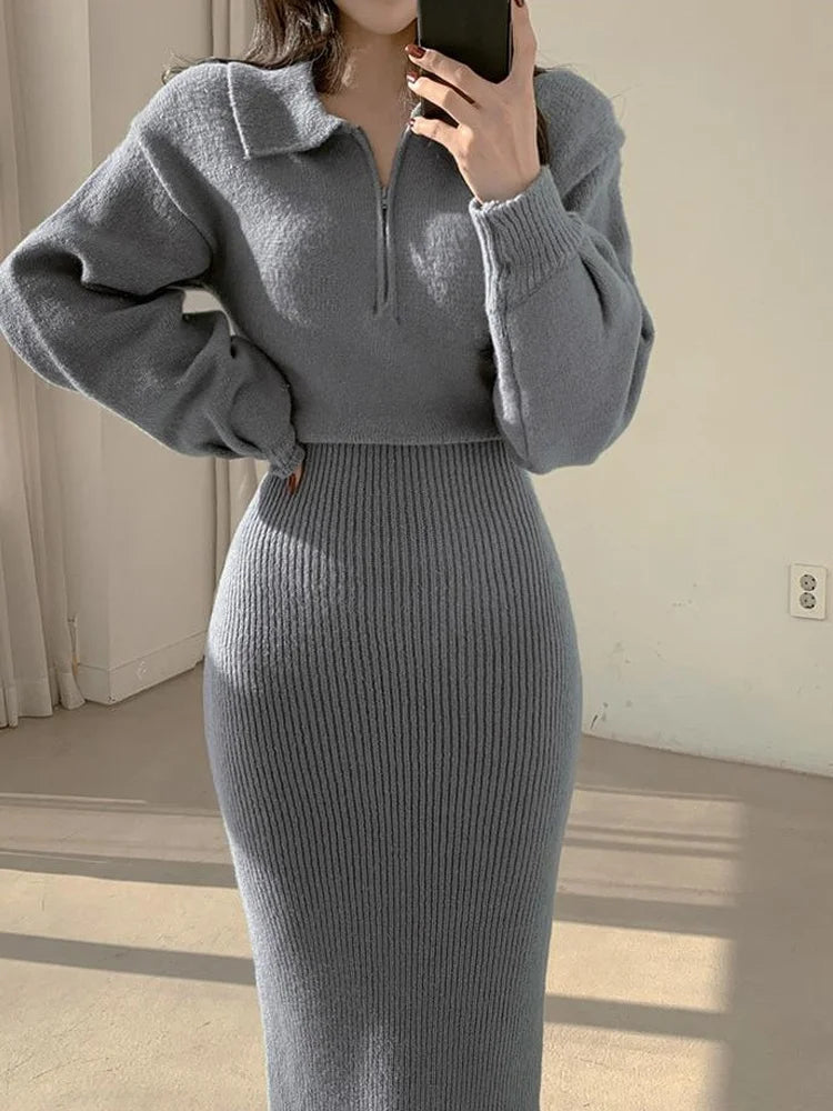 Elegant V-Neck Knitted Dress – Women's Autumn Winter High Waist A-Line Long Skirt, Soft Wrap Body Korean Style