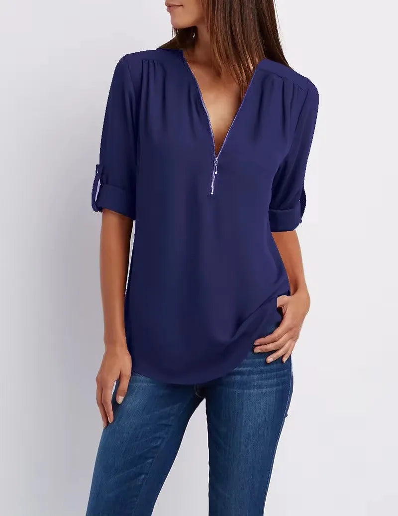 2025 Women’s Chiffon Blouse | Sexy Deep V-Neck Zipper Pullover Loose Fashion Top Plus Size
