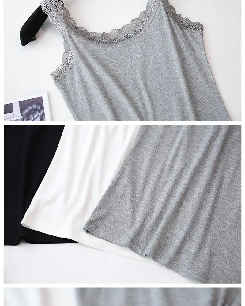 White & Black Lace Trim V-Neck Camisole | Plus Size Slim Crop Tank Top Sleep Vest