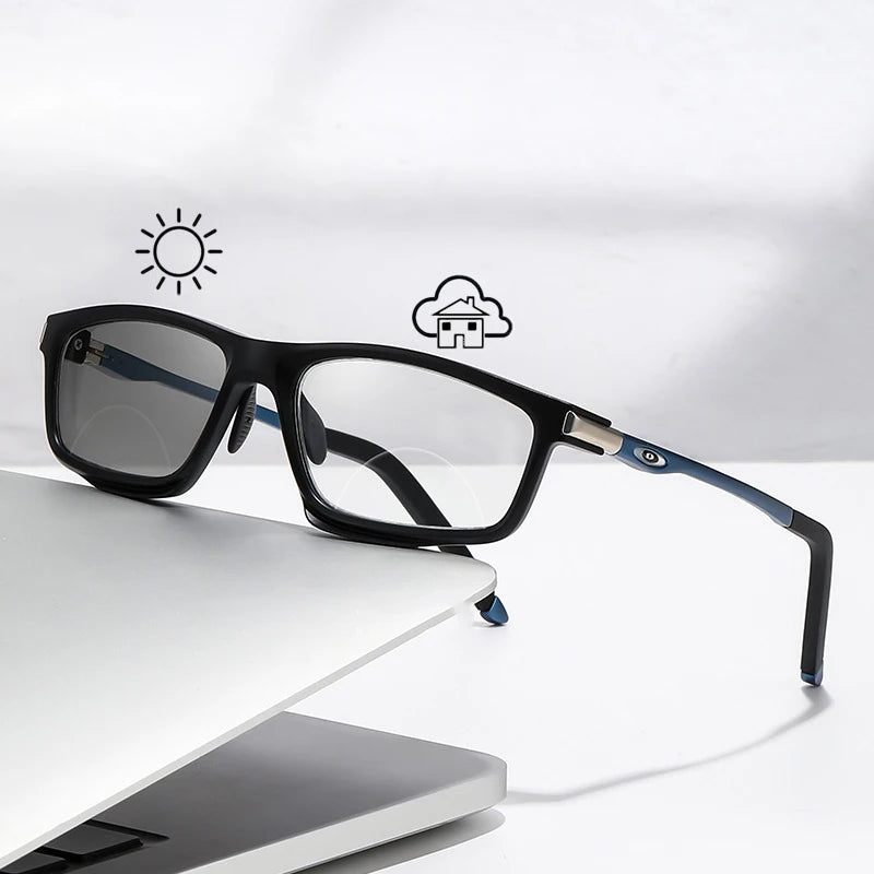 Anti-Blue Light Photochromic Bifocal Reading Glasses – Multifunctional Aluminum Magnesium Sports Eyewear for Men & Women