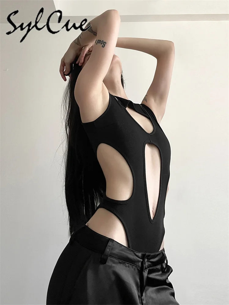 Sylcue Black Sexy Nightclub Jumpsuit – Hollow All-Match Trendy Women’s Tight Outfit 🌑✨