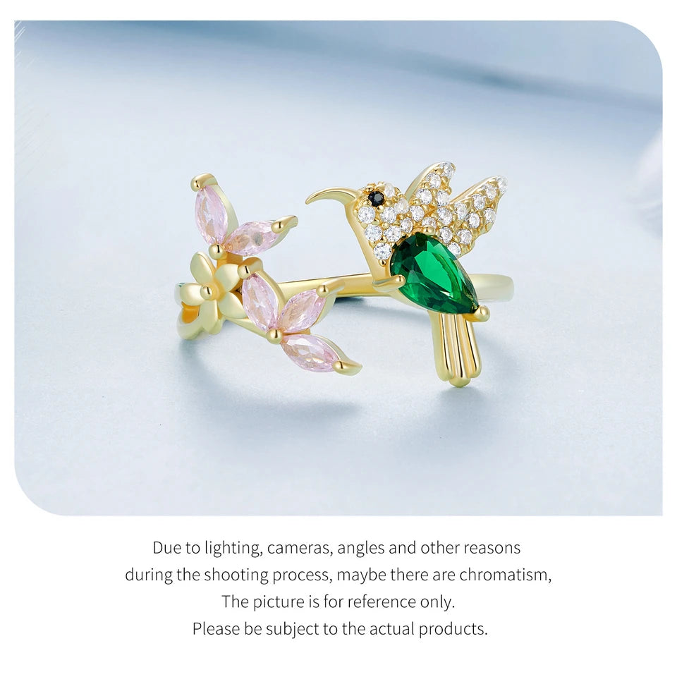 BISAER 925 Sterling Silver Floral Bird Open Ring | Adjustable White Gold Plated Flower Band for Women – Fine Party Jewelry