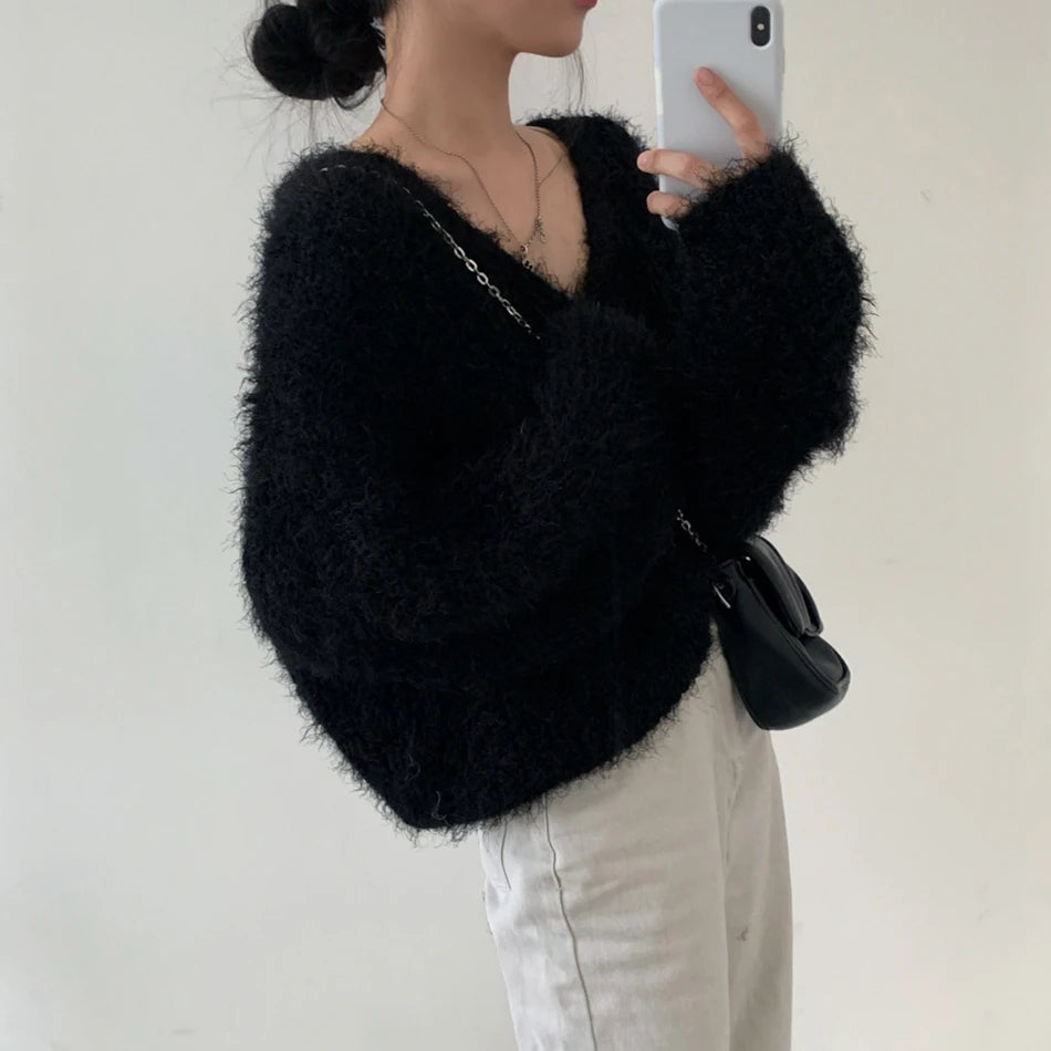 Chic V-Neck Knitted Sweater Coat for Women 🧥✨ Faux Fur Lazy Style Cardigan 💖 Autumn Winter Fashion Outerwear