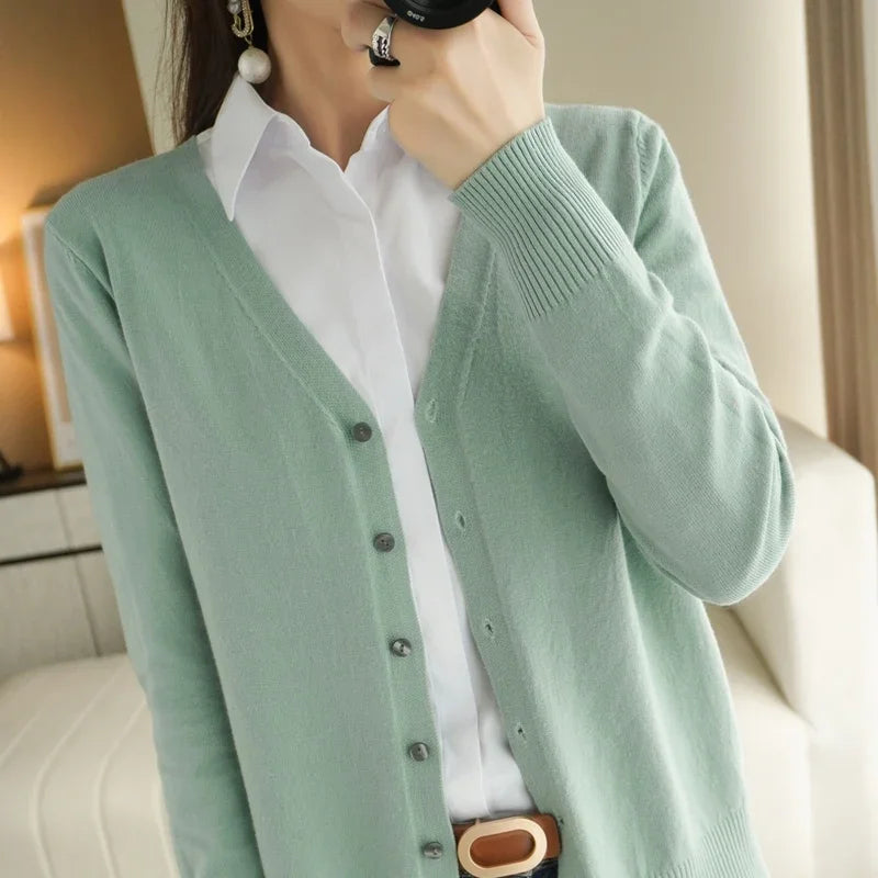 Women Cardigans V-Neck Long Sleeve Knitted Outerwear – Korean Fashion Solid Thin Spring Autumn Sweater