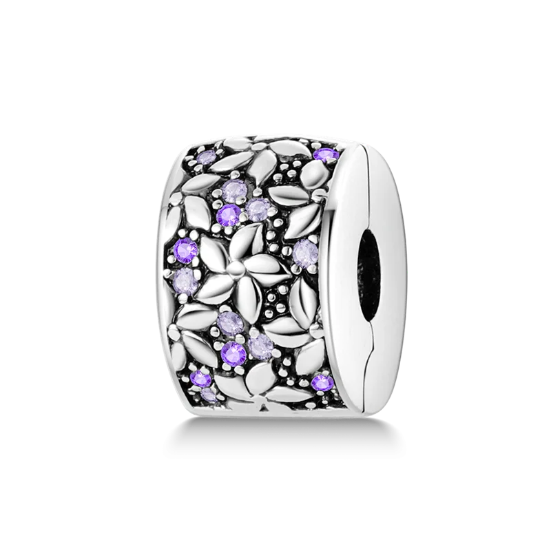 925 Sterling Silver CZ Pave Daisy Clip Charm & Safety Chain – Fits Original Pandora Bracelet, Women’s Silver Stopper Beads Jewelry