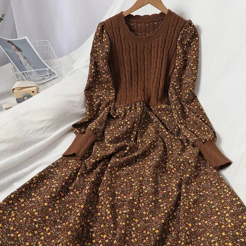 2023 Autumn Winter Korean Slimming Spliced Strap Knitted Long Dress – Corduroy Floral Fashion Dress
